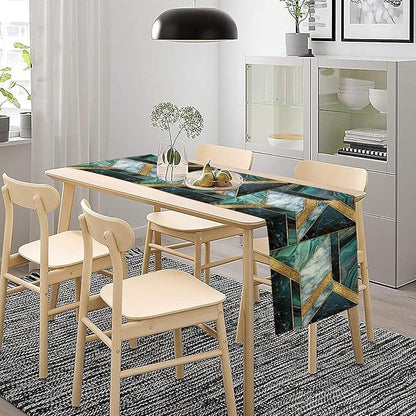 Marble Table Runner, Dark Green Gold Modern Mosaic Design Table Runner Decoration for Kitchen Family Dinner Table Holiday Party Farmhouse 13x70in