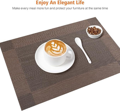 Placemats Set of 8,Washable,Heat and Stain Resistant Indoor/Outdoor Place mats,Vinyl Woven Non Slip Table Mats for Restaurant Table Protection,PVC Placemats(Brown,8PCS)