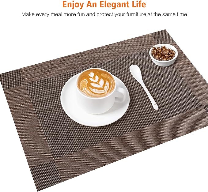 Placemats Set of 6,Washable,Heat and Stain Resistant Indoor/Outdoor Place mats,Vinyl Woven Non Slip Table Mats for Restaurant Table Protection,PVC Placemats(Brown,6PCS)