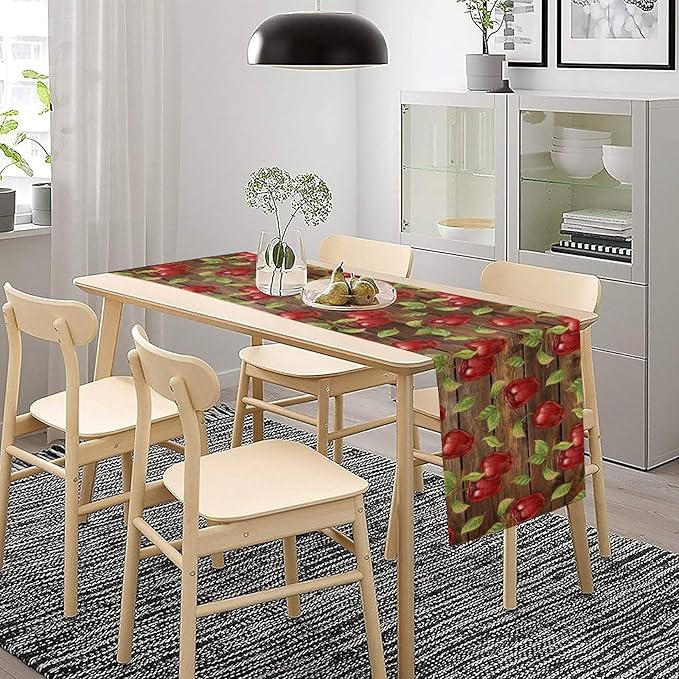 Sweet Apples Table Runner, Fresh Apples Fruit Rustic Wooden Background Table Runner for Kitchen Dining Party Picnic Outdoor 13x60in