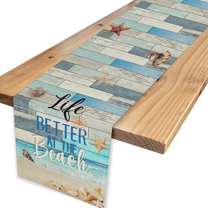 Summer Beach Table Runner, Nautical Starfish Seashell Ocean Retro Wooden Plank Coffee Table Center Decor for Home Kitchen Dining Patio Holiday Party Table Decorations 13"x36"
