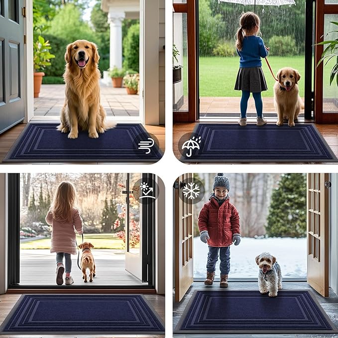 Buganda Front Door Mat Indoor Outdoor Entrance, Non-Slip Natural Rubber Doormats, Easy Clean, Low Profile, Dirt Trapper Entryway Floor Mats for Outside, Garages and Patios, 47x32, Navy