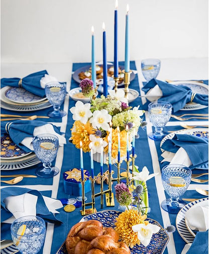 Solino Home Linen Indigo Blue Table Runner 144 Inches Long - 100% Pure Linen Extra Long Table Runner 14 x 144 Inch for Winter, Spring, Easter - Classic Hemstitch