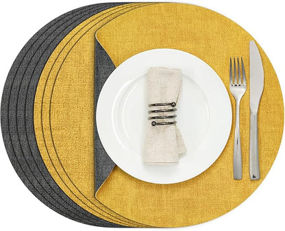 Myir JUN Round Placemats Dual Sided, Faux Leather Place Mats Set of 4 Indoor Placemats for Dining Table Outdoor Placemats Non-Slip Washable Table Mats (Set of 8, Gray Yellow)