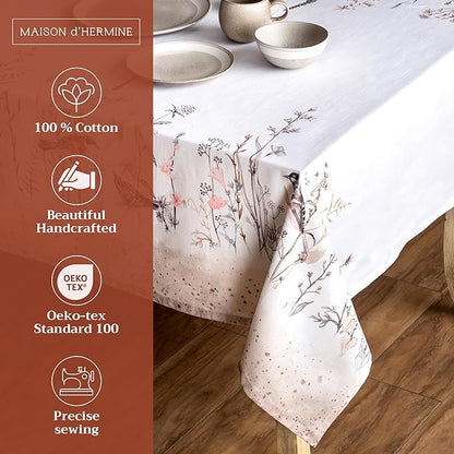 Maison d' Hermine Table Cloth Rectangle Table 100% Cotton 60 x 108 Inches Tablecloth Reusable for Dining Room, Farmhouse, Home, Party, Festive & Wedding Spring Summer - Meadow Florals - Brown