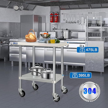 HARDURA Stainless Steel Table with Wheels 24 x 36 Inches Kitchen Prep Table Heavy Duty Stainless Steel Workbench with Aluminium Corner Undershelf NSF 304 Metel Table for Commercial Restaurant