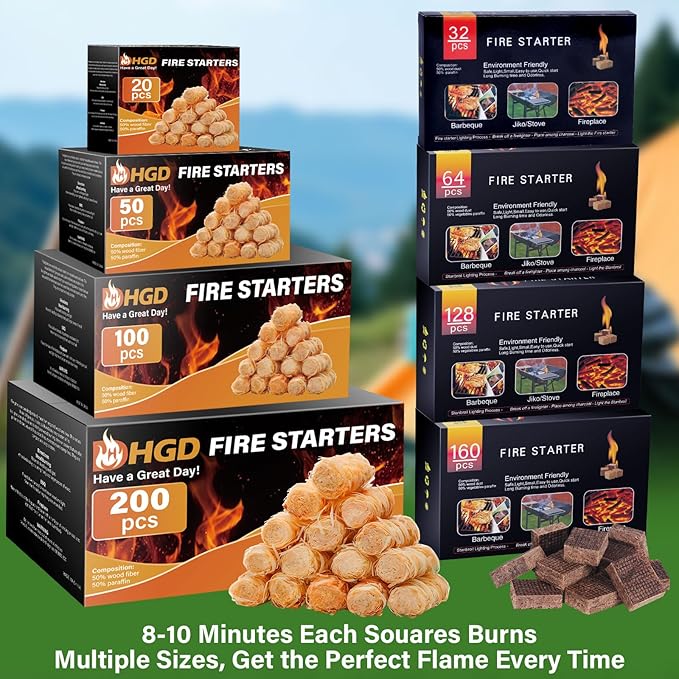 HGD Fire Starter, 128 Mini Square, Natural Fire Starters for BBQ, Campfire, Fireplace, Charcoal, Wood Stove, Chimney, Fire Pit, Grill, Smoker, Indoor Outdoor Use
