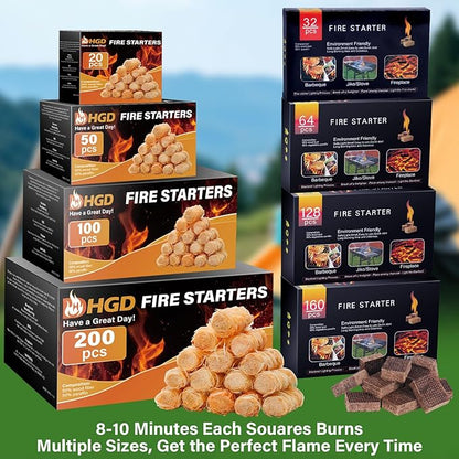 HGD Fire Starter, 160 Mini Square, Natural Fire Starters for BBQ, Campfire, Fireplace, Charcoal, Wood Stove, Chimney, Fire Pit, Grill, Smoker, Indoor Outdoor Use