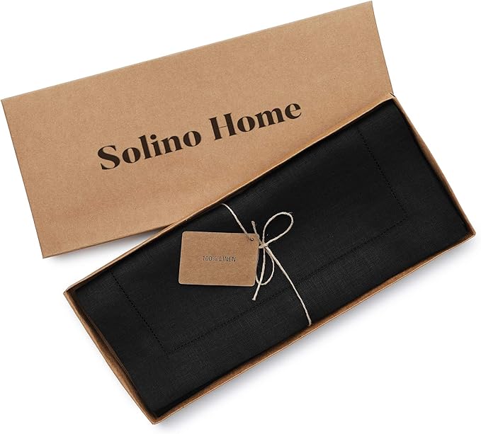 Solino Home Linen Black Table Runner 60 Inches - Classic Hemstitch, 100% Pure Linen Coffee Table Runner 14 x 60 Inch Ideal for Dresser Tables - Spring, Easter