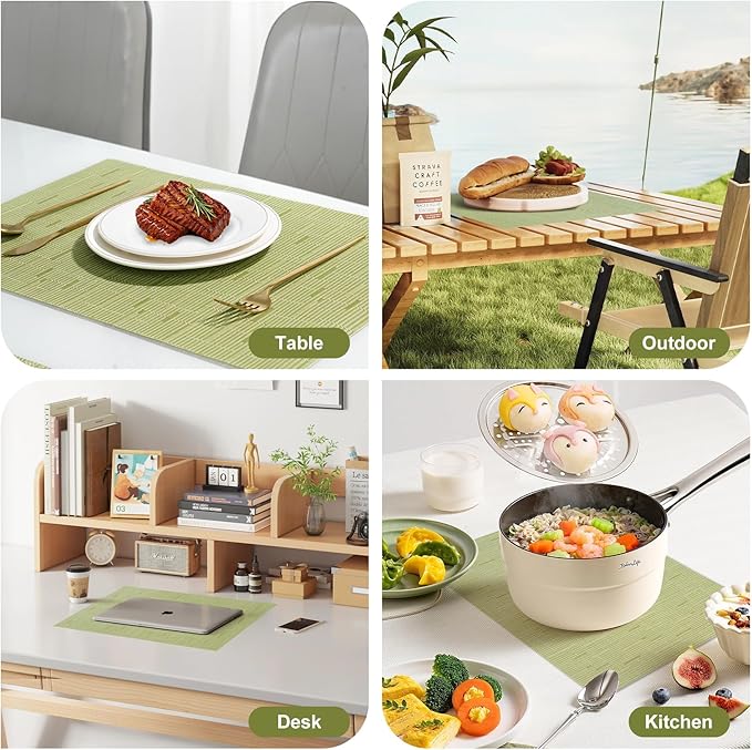 Placemats Set of 8，Christmas Non-Slip PVC Weave Table Mats Easy to Clean，Heat Resistant Place Mats for Kitchen Dining Table Decoration Indoor Outdoor，Pea Green