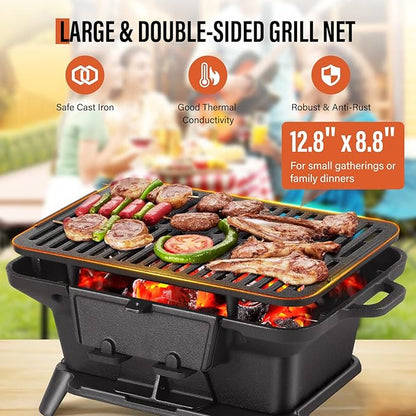 Hibachi Grill Outdoor, Portable Mini Charcoal Grill, Pre-Seasoned Cast Iron, Small Japanese Yakitori Tabletop Skillet Grill Stove for Outdoor Camping