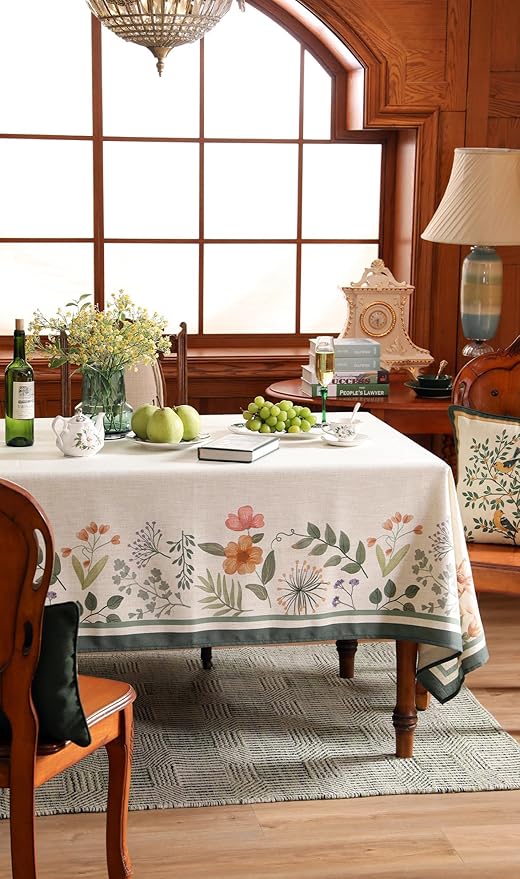 Beige Linen Rectangle Tablecloth,Vintage French Shabby Chic Floral Wrinkle Free Table Cloth,Decor Table Cover for Kitchen,Dining,Party,Home,Christmas,Thanksgiving,63"*87"-Manolya