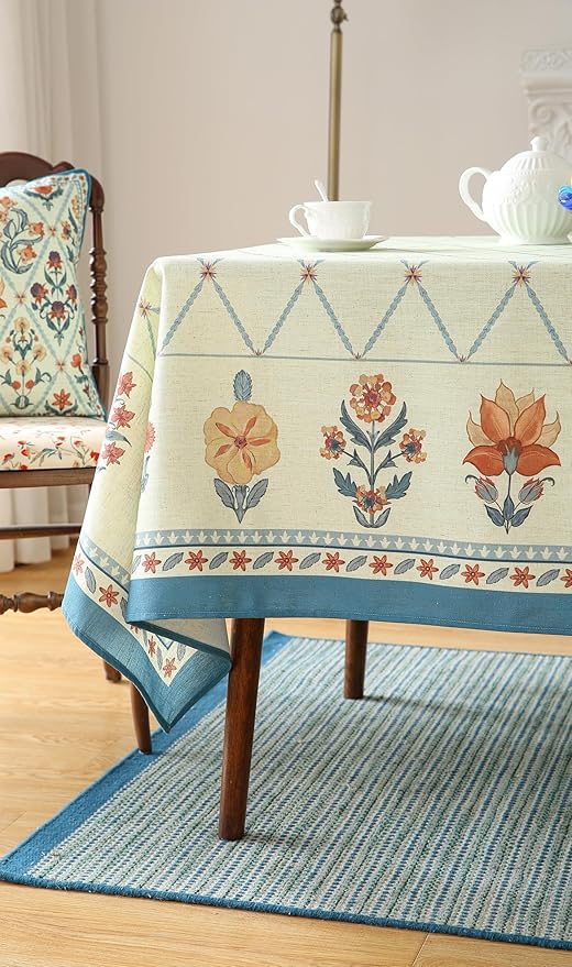 ISAENNE Designer Linen Floral Table Cloth for Rectangle Table,Light Green Farmhouse Durable Tablecloth,Washable Decor Tablecloths for Dining Kitchen Thanksgiving Christmas,55"*79"-Floralsea B