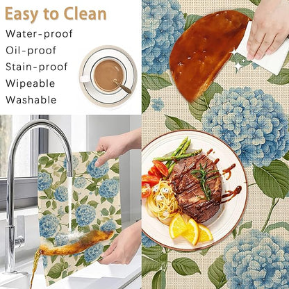 Placemats12x18 Inch,Blue Hydrangea Placemats,Vintage Floral Kitchen Dining Coffee Table Mats Set of 6 for Home Indoor Outdoor Party