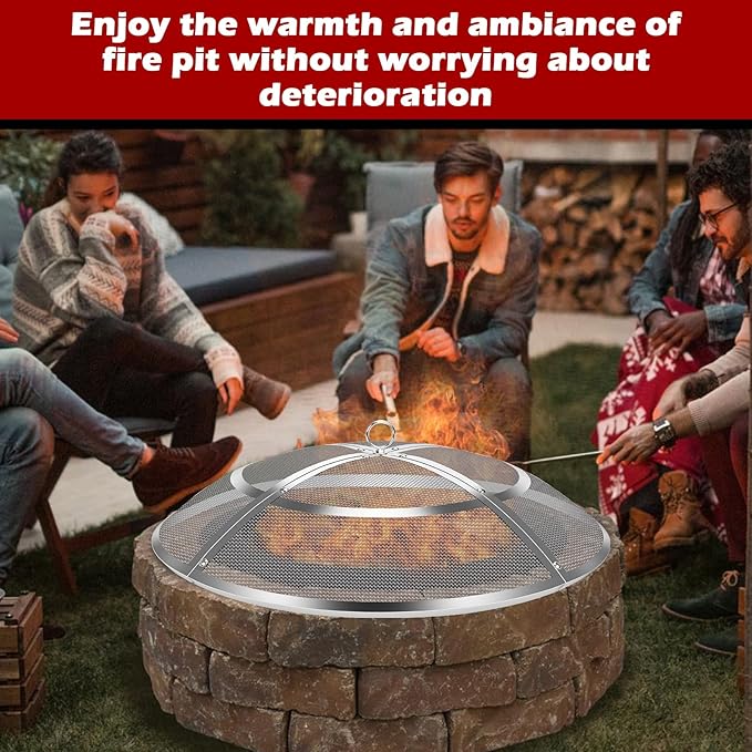 Fire Pit Spark Screen,30 Inch Fire Pit Screen Cover Stainless Steel Outdoor with Handle&Poker,Firepit Screens Cover Round Mesh Lid Heavy-Duty Steel Replacement for Backyard/Beach/RV Camping