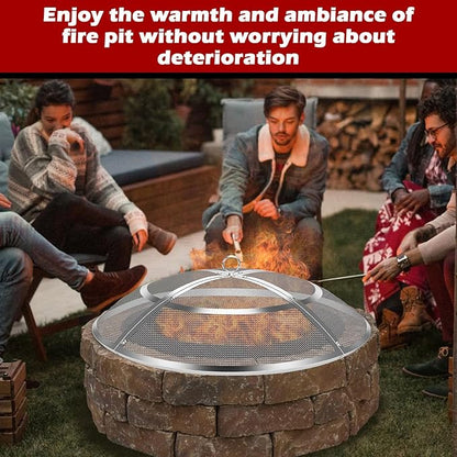 Fire Pit Spark Screen,24 Inch Fire Pit Screen Cover Stainless Steel Outdoor with Handle&Poker,Firepit Screens Cover Round Mesh Lid Heavy-Duty Steel Replacement for Backyard/Beach/RV Camping