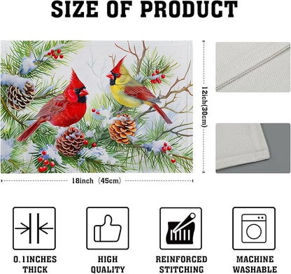 Giwawa Winter Birds Placemats Set of 4, Christmas Tree Holly Berry Pine Cones Place Mat for Kitchen Dining, Xmas Snow Scene Non-Slip Washable Table Mats 12"x18" for Tabletop Holiday Party Decor