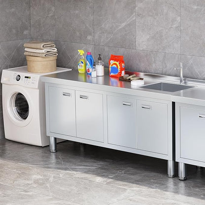 WWK 59" x 21" Stainless Steel Sink with Cabinet, Freestanding Utility Sink Laundry Sink, Heavy Duty Commercial Kitchen Sink for Outdoor, Restaurant, Hotel, Cafe, and Garage, 21D x 59W x 35H inches