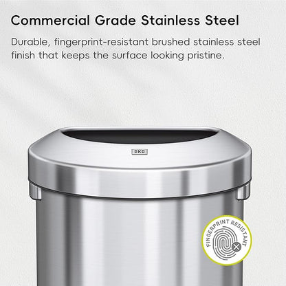 EKO Urban 16 Gallon Semi-Round Open Top Waste Bin, Stainless Steel Half Round Commercial Trash Can for Indoor and Outdoor, Extra Large Metal Garbage Bin for Home, Office, Restaurant, Restroom, 60L