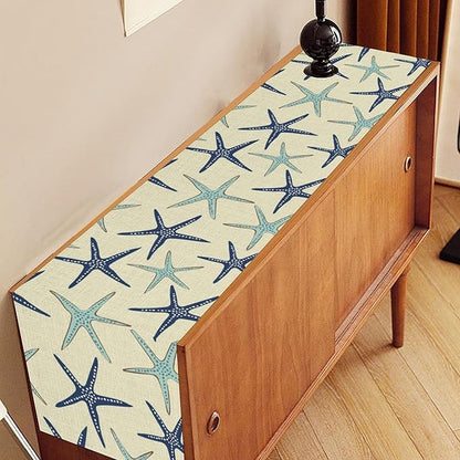 Blue Starfish Table Runner,Nautical Beach Ocean Table Runner Seasonal Holiday Home Kitchen Dining Table for Home Party Decor 13"x72"