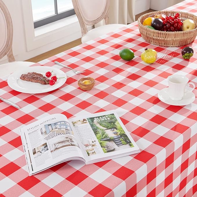 Softalker Gingham Checkered Tablecloth Rectangle - Outdoor Waterproof Buffalo Plaid Table Cloth, Stain Resistant Washable Table Cover for Picnic, Camping, Dining - Red and White, 60 x 120 Inch