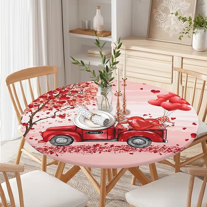 Valentines Day Round Fitted Tablecloth with Elastic Pink Red Heart Circle Table Cloth for 40-44" Round Tables Wipeable Waterproof Washable Gnome Truck Valentine Table Cover for Dining Picnic Party