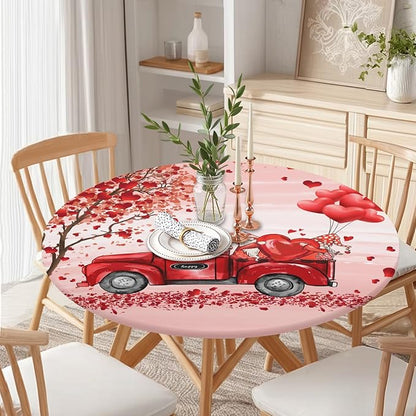 Valentines Day Round Fitted Tablecloth with Elastic Pink Red Heart Circle Table Cloth for 40-44" Round Tables Wipeable Waterproof Washable Gnome Truck Valentine Table Cover for Dining Picnic Party