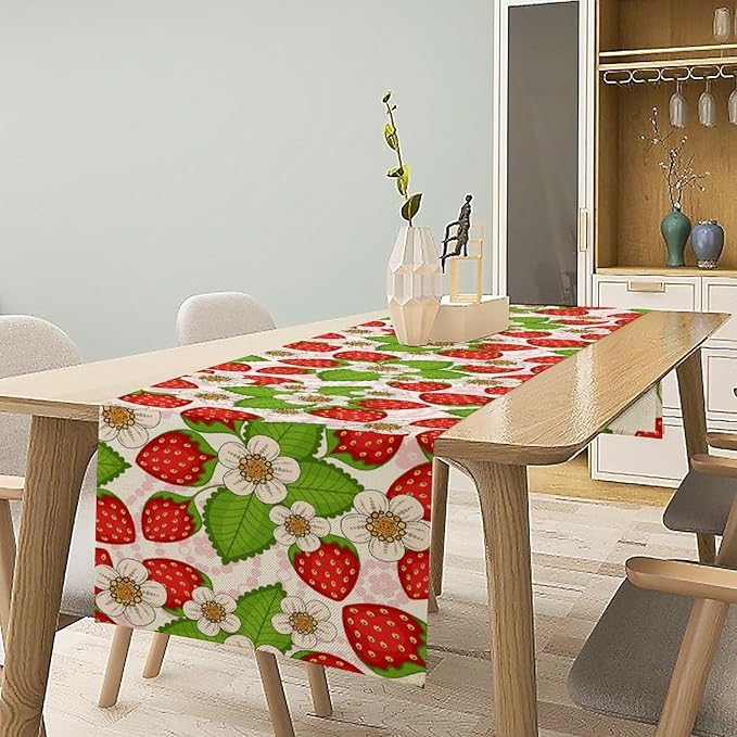 Spring Strawberry Table Runner, Floral Strawberries Flowers Leaf Season Inspirational Design Table Runner for Kitchen Dining Party Holiday Home 13x36in