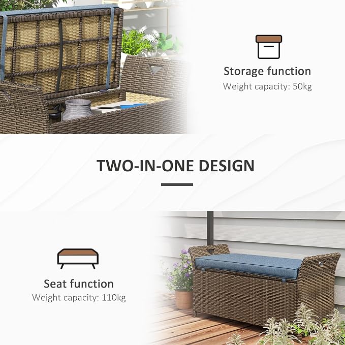 Outsunny 29 Gallon Patio Wicker Storage Bench Outdoor PE Rattan Dark Blue | - Image 6