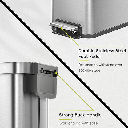 EKO Hudson Slim 50L / 13.2 Gallon Kitchen Trash Can with Lid, Stainless Steel Step Garbage Can for Kitchen or Home, Space-Saving Garbage Can with Soft Close Lid, Stay-Open, Liner Ring, Handle