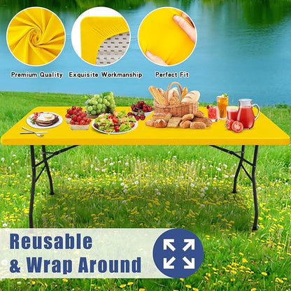 Spandex 8 Foot Rectangle Table Cloth 6 Pack, Elastic Fitted Tablecloths for Picnic, Stretch Washable Patio Table Cover for Outdoor, Camping, Banquet and Parties (Yellow, 30"x96")