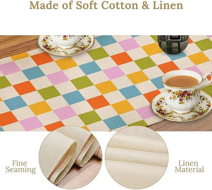 Retro Checkered Table Runner, 60s 70s Summer Seasonal Table Runners for Kitchen Dining Indoor Outdoor Holiday Home Wedding Party 13x60in