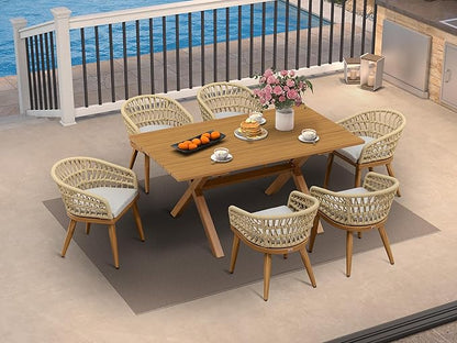 PURPLE LEAF 7 Pieces Outdoor Dining Set All-Weather PE Rattan Outdoor Patio Furniture Set with All Aluminum Frame Rectangular Table and Chairs Set for Lawn Garden Backyard Deck, Teak
