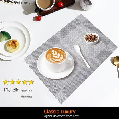Placemats Set of 8 Washable&Wipeable Silver Place mats for Dining Table Kitchen Indoor Outdoor Table Mats Heat Resistant Non Slip Woven Vinyl Table Placemats (Grey，8PCS)