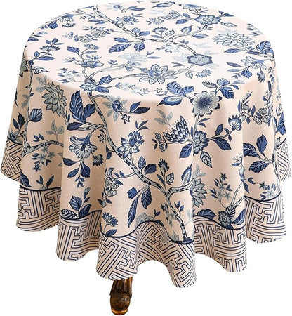 Vintage French Linen Small Round Tablecloth,Blue and White Floral Soft Tablecloths,Decorative Table Cover for Kitchen,Dining,Tea Party,Thanksgiving,Christmas,Diameter 55"-Suqing