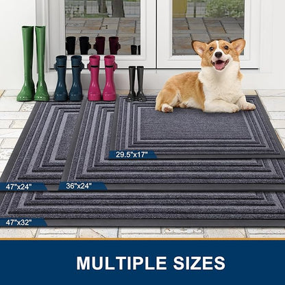 Buganda Front Door Mat Indoor Outdoor Entrance, Non-Slip Natural Rubber Doormats, Easy Clean, Low Profile, Dirt Trapper Entryway Floor Mats for Outside, Garages and Patios, 36x24, Grey