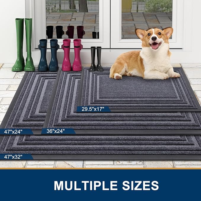 Buganda Front Door Mat Indoor Outdoor Entrance, Non-Slip Natural Rubber Doormats, Easy Clean, Low Profile, Dirt Trapper Entryway Floor Mats for Outside, Garages and Patios, 47x32, Grey