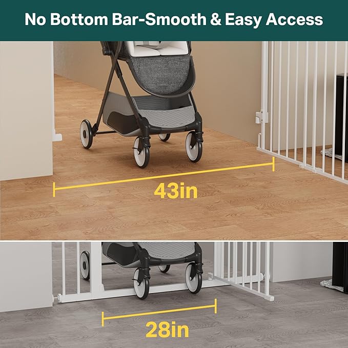 Cumbor 29.2–43" Baby Gate for Stairs, Wall-Mounted (Drill Required), Expandable No Bottom Bar Dog Gate, Auto Close Extra Wide Walk Thru, Pet & Toddler Proof Gate, Top & Bottom of Stairways (White)