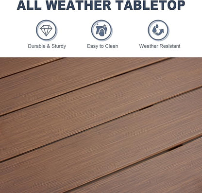 VICLLAX Patio Dining Table for 4 Square Metal Outdoor Table with Umbrella Hole and Storage Shelf for Garden Lawn Balcony Deck, Walnut