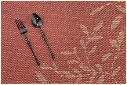 Gugrida Place Mats PVC Set of 6, Table Placemats Set of 6 PVC Woven Vinyl Place Mats Table Mats Natural Color (6 pcs, Oriange Leaves)
