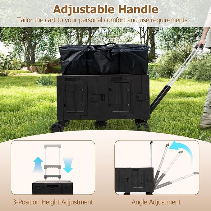 Goplus Large Foldable Utility Cart w/ 2-Tier Storage Crates, 5 Rotate Wheels, Metal Telescoping Handle, Portable Rolling Trolley Collapsible Cart for Grocery Shopping Camping & Travel