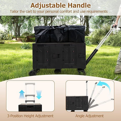Goplus Large Foldable Utility Cart w/ 2-Tier Storage Crates, 5 Rotate Wheels, Metal Telescoping Handle, Portable Rolling Trolley Collapsible Cart for Grocery Shopping Camping & Travel