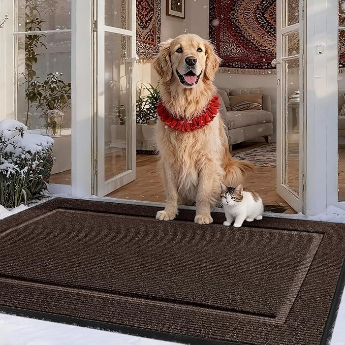 Large Front Door Mat Outside Entrance Indoor Doormat, 47" x 30" Outdoor Mats For Patio Waterproof, Outdoor Door Mats For Outside Entry, Indoor Rugs for Entryway, Sturdy Natural Rubber Entry Mat, Brown