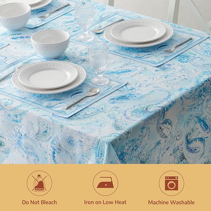 Maison d' Hermine Premium Table Cloth Rectangle Table 100% Combed Cotton 90 x 70 Inches Tablecloth Reusable Decorative for Dining Room, Farmhouse, Home, Party, Festive & Wedding - Paisley Blues
