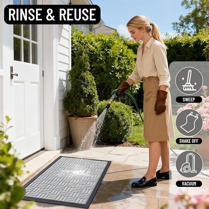OLANLY Front Door Mat Outside Entrance 29.5x17, Absorbent, Heavy Duty Sturdy Natural Rubber Doormat Indoor Outdoor, Non-Slip, Stain and Fade Resistant, Low Profile Floor Mat for Entryway, Light Gray