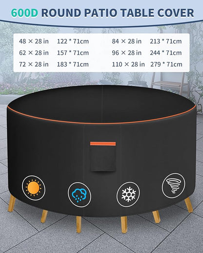 Round Patio Furniture Cover, 62 Inch Diameter Waterproof 600D Heavy Duty Table and Chair Set Protection Black