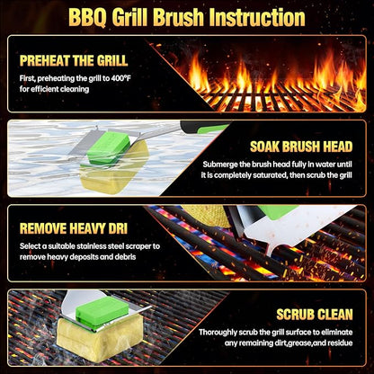 Grill Brush Bristle Free for Outdoor Grill, Steam Grill Cleaning Brush Replaceable BBQ Cleaner Brush Head,Extended Handle, Safe Grill Brush for Cast Iron Stainless-Steel Grates，Light Green