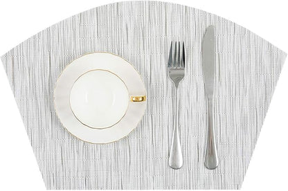 SHACOS Small Round Table Placemats Wedge Placemat Set of 4 Non Slip Heat Resistant Woven Vinyl Table Mats Wipe Clean Indoor Outdoor (4, Gray White)