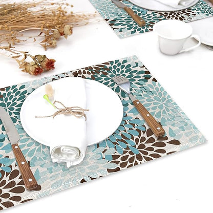 Blue Gray Dahlia Placemats Set of 6,Geometric Flowers Heat Resistant Table Mats Washable Place Mats for Party Kitchen Farmhouse Home Dining Holiday Decor 12x18 Inch