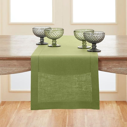 Solino Home Linen Moss Green Table Runner 36 Inches - 100% Pure Linen Small Table Runner 14 x 36 Inch for Dresser and Coffee Tables - Classic Hemstitch - Winter, Spring, Easter, St Patricks Day